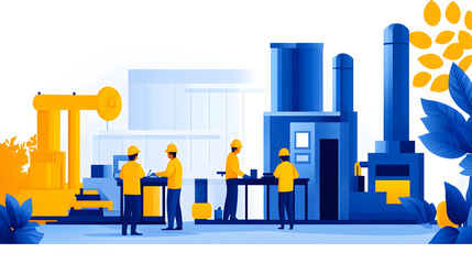 Poster - A vibrant illustration of workers in a factory setting, featuring machinery and equipment in shades of blue and yellow, depicting an industrial environment