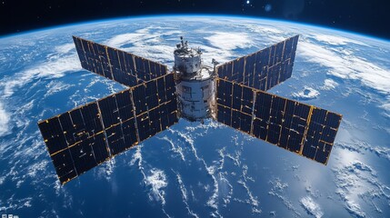 Aufkleber - A satellite orbits Earth, equipped with solar panels and advanced technology for transmitting telemetry and GPS signals. This spacecraft supports global positioning systems and tracking activities.