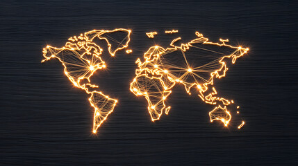 Poster - A glowing world map outlined in golden light, set against a dark background, symbolizing connectivity and global communication