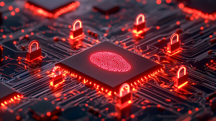Poster - A close-up of a circuit board featuring a fingerprint sensor, highlighted by red locks, symbolizing security and digital protection