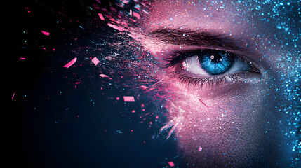 Poster - A close-up of a captivating blue eye surrounded by ethereal particles, creating a mystical and futuristic effect