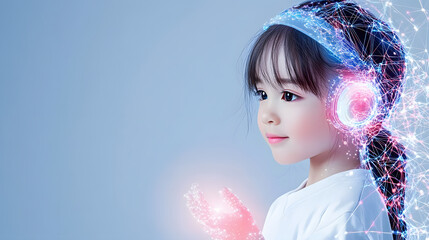 Poster - A girl with headphones interacts with colorful digital elements, symbolizing creativity and technology in a futuristic setting