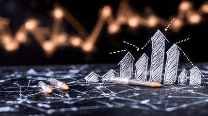 Poster - A stylized graphic of rising financial charts with pens, symbolizing analysis and growth in business or market trends