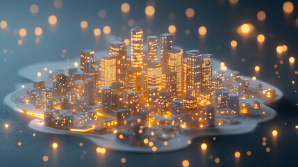 Aufkleber - A vibrant, illuminated cityscape with glowing buildings set against a dark background, creating a magical and futuristic atmosphere