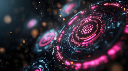 Poster - A vibrant, abstract digital composition featuring circular patterns with glowing neon pink elements and a dark background