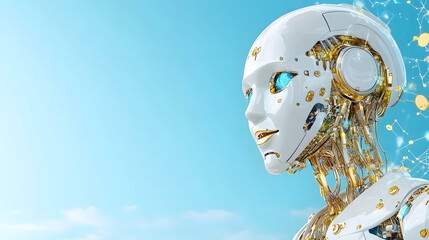 Poster - A futuristic humanoid robot with intricate golden details and blue accents gazes into the distance against a vibrant blue sky