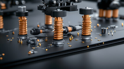 Poster - A close-up view of electronic components, featuring copper coils and screws, highlighting intricate details and modern technology
