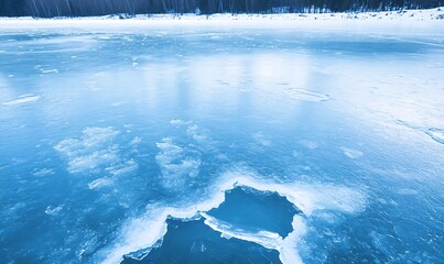 Poster - Frozen lake surface with patches of clear blue water reflecting a serene winter atmosphere.