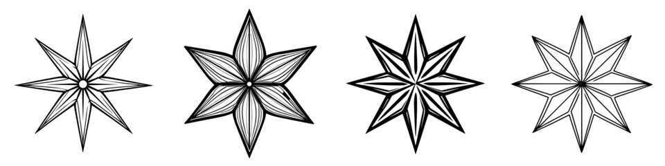 Poster - Detailed designs of star shapes with intricate lines and patterns on a white background for artistic inspiration