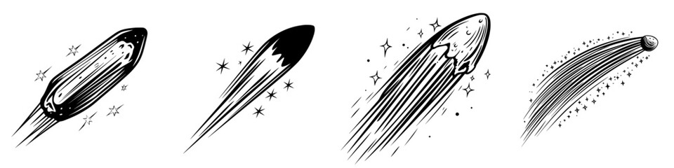 Poster - different types of comets in various stages of trajectory across a starry night sky