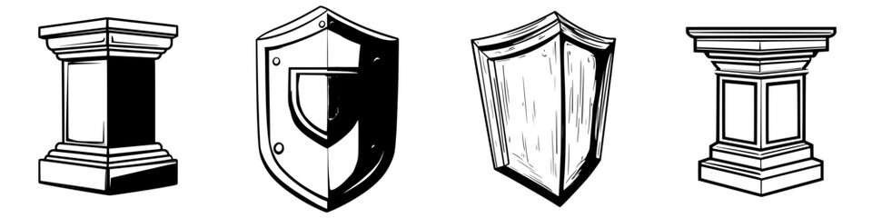 Poster - Various designs of pillars and shields in a monochrome style suitable for graphic illustrations and educational purposes