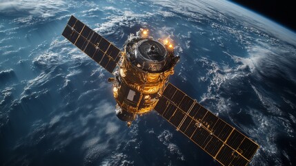 Aufkleber - A satellite orbits Earth, using solar panels for power while transmitting critical telemetry data to support global positioning and tracking systems, showcasing advanced technology.