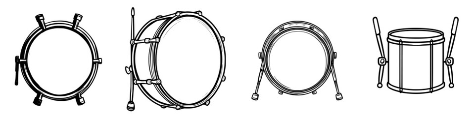 Poster - Various styles of hand drums displayed in a row with different shapes and sizes during a music practice session
