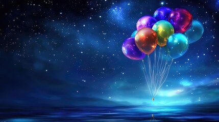 Poster - A cluster of colorful lighted balloons softly glowing against the backdrop of a night sky, with space for creative visuals or text.
