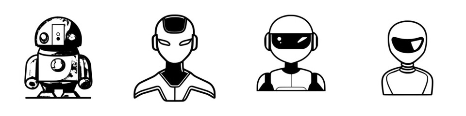 Poster - four futuristic robot and android designs featuring distinct styles and features in a minimalist art