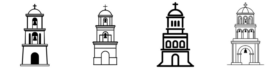 Poster - Illustrations of four distinct bell towers showcasing varied architectural styles and designs in a monochrome palette