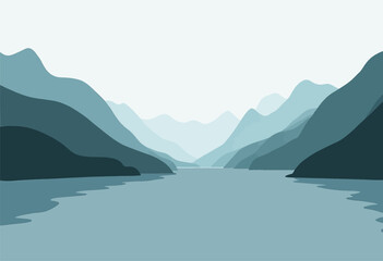 Wall Mural - Blue Grayscale Mountainscape and Lake View
