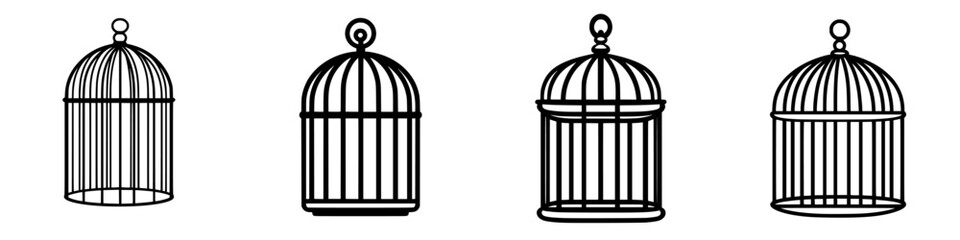 Poster - Unique designs of empty birdcages showcasing various styles and shapes in a minimalist illustration