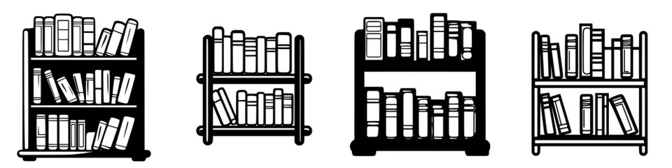 Poster - Different styles of bookshelves showcasing various arrangements of books in a minimalist design