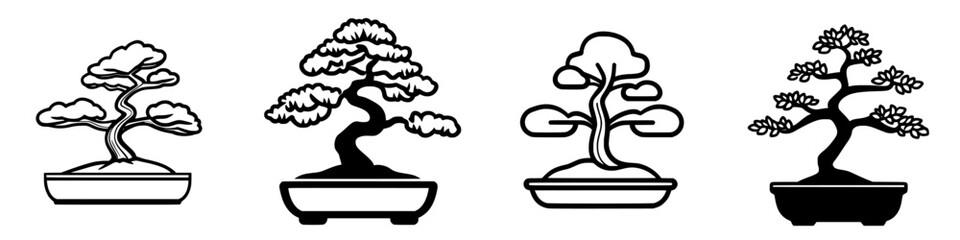 Poster - Bonsai tree collection showcasing various styles and shapes in a decorative arrangement