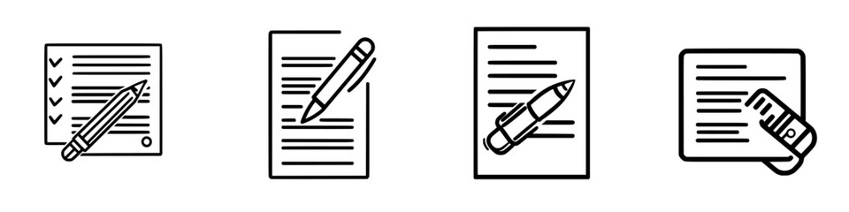 Poster - Illustrative icons representing note-taking, writing, and document preparation activities in a minimalistic style