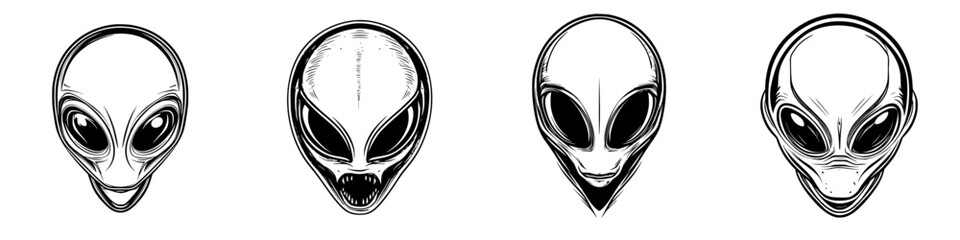 Poster - Unique collection of alien head illustrations showcasing different facial expressions and styles crafted in black and white vector art