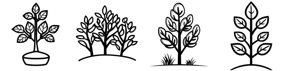 Poster - Various tree illustrations showcasing different styles of foliage and branch arrangements in a minimalist design
