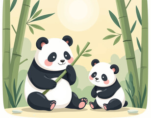 Wall Mural - Cartoon Panda with Bamboo, Baby Cub Near
