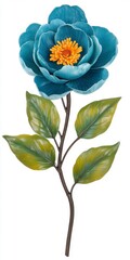 Poster - Single teal flower with yellow center and green leaves on a dark stem against a white background. 