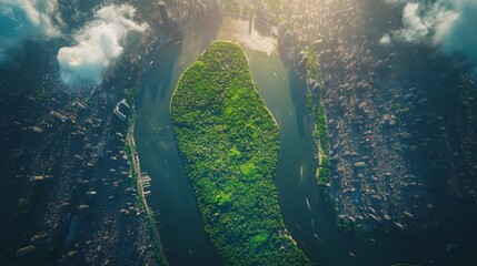 Aufkleber - Aerial perspective reveals a vibrant green island surrounded by urban structures and rivers. The contrast highlights the synergy of nature and city life.