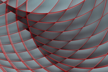Poster - geometric modern abstract background, pattern - thin red curved lines, grid on light blue color. 3d 