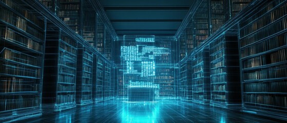 Poster - Futuristic Wireframe Library with Glowing Bookcases and Digital Elements