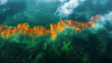 Aufkleber - Spectacular geological formations showcase vibrant hues amidst dense green vegetation, as seen from a satellite. This view emphasizes the terrain's unique features and ecosystem health.