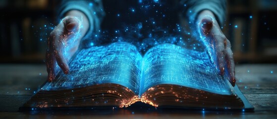 Poster - Holographic Wireframe Hands Holding Glowing Book with Magical Effects