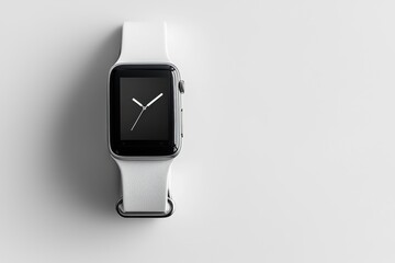 Poster - a sleek silver smartwatch with a white band displays a minimalist clock face, set against a clean wh