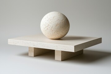 Poster - Elegant travertine coffee table with spherical sculpture, minimalist design element with clean lines and natural stone texture, artistic home decor on a neutral background.