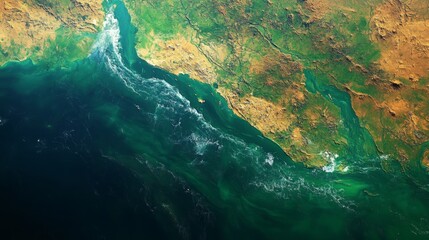 Aufkleber - Vibrant coastal waters are captured from space, illustrating satellite monitoring and telemetry of marine ecosystems and geospatial analysis.