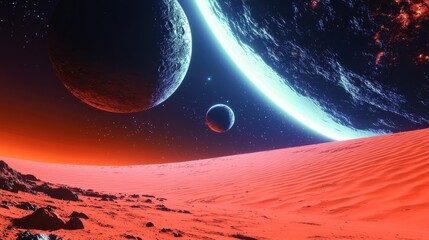 Poster - Colossal red planet with a mystical moon in the background illuminating an alien desert landscape eerie and beautiful