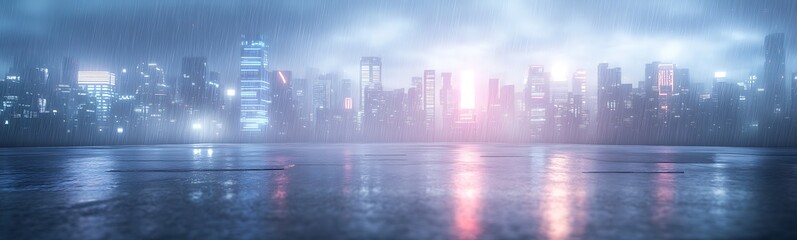 Aufkleber - Futuristic city skyline illuminated in foggy twilight atmosphere over water.