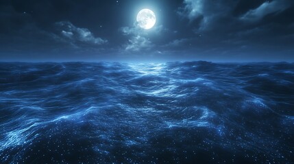 Aufkleber - Serene night ocean scene illuminated by a bright full moon and shimmering water.