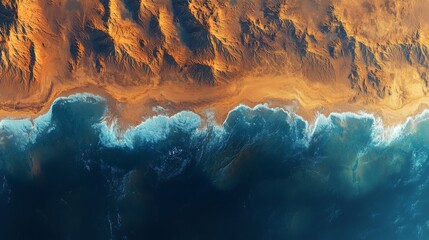 Aufkleber - Dramatic contrasts between the golden coastal terrain and the deep blue ocean are captured from space, showcasing natural beauty and topographic features in detail.