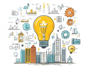 Aufkleber - Creative handdrawn business concept with a light bulb at the center, surrounded by buildings and business icons like graphs, gears, and briefcases, on a white background