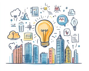 Aufkleber - Handdrawn illustration of a business concept with a central light bulb, skyscrapers, and business icons, representing ideas, innovation, and corporate growth on a white background