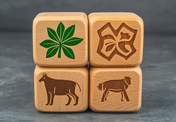 Poster - four light brown wooden blocks with etched images of a leaf, flower, cow, and sheep. the blocks are 
