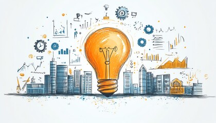 Aufkleber - Illustration of a business concept with a handdrawn light bulb at the center, buildings, and diverse business icons like graphs, gears, and clocks, on a white background