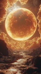 Poster - Majestic large moon illuminating the night sky over a breathtaking alien landscape featuring a massive golden