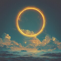 Poster - ethereal circle of light hovering in the sky of a dreamlike alien planet with a striking navy blue b
