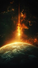 Poster - elegant cosmic scene featuring a planet with a bright orange glow set against a beautifully starry b