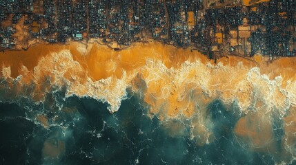 Aufkleber - Aerial perspective reveals a bustling coastal city adjacent to turbulent ocean waters. Waves crash against sandy beaches, highlighting the contrast between urban development and natural beauty.