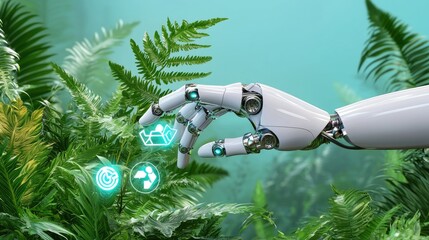 Poster - A sleek robotic hand protecting a plant, with environmental sustainability symbols glowing.